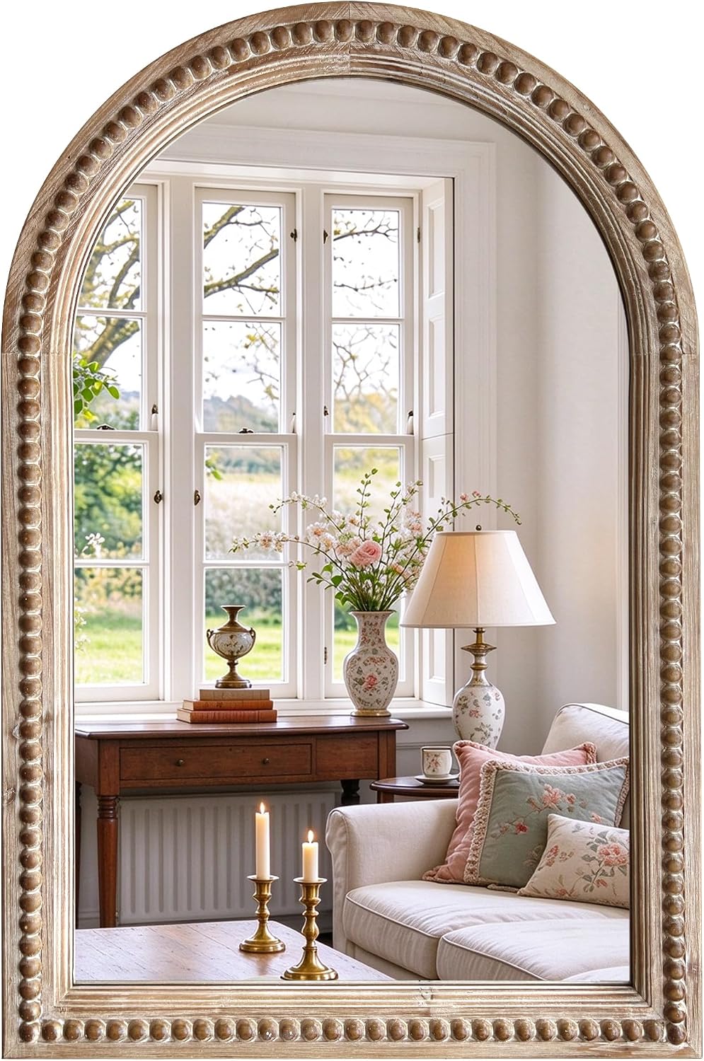 36x24 Inch Arched Wood Beaded Wall Mirror, Bathroom Vanity Farmhouse Mirror