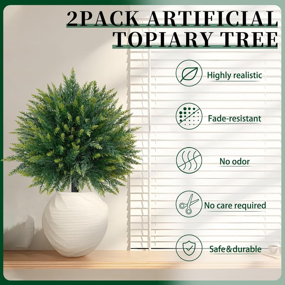 2 Pack Artificial Cedar Topiary Ball Trees with Ground Spike,23"