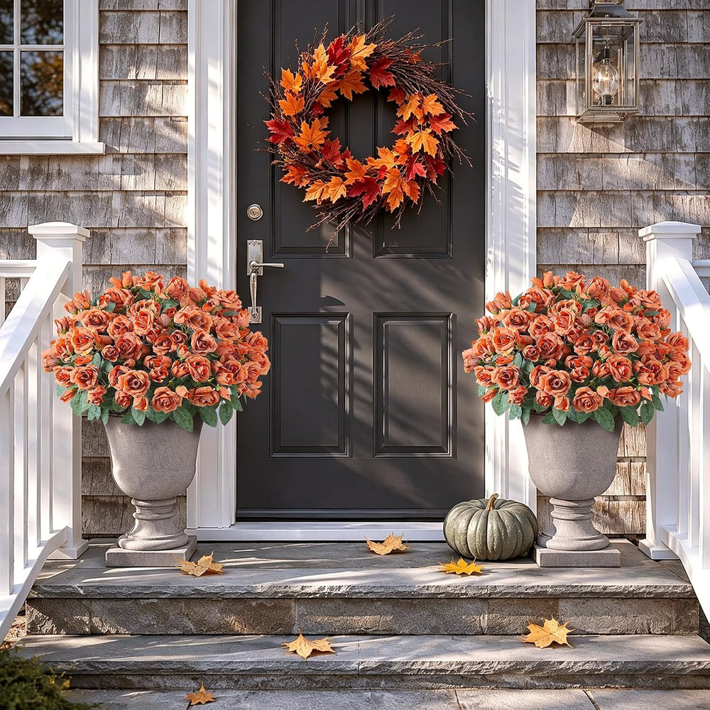 2Pcs Artificial Fall Rose Flower Topiary Tree for Front Porch Decor(Orange)