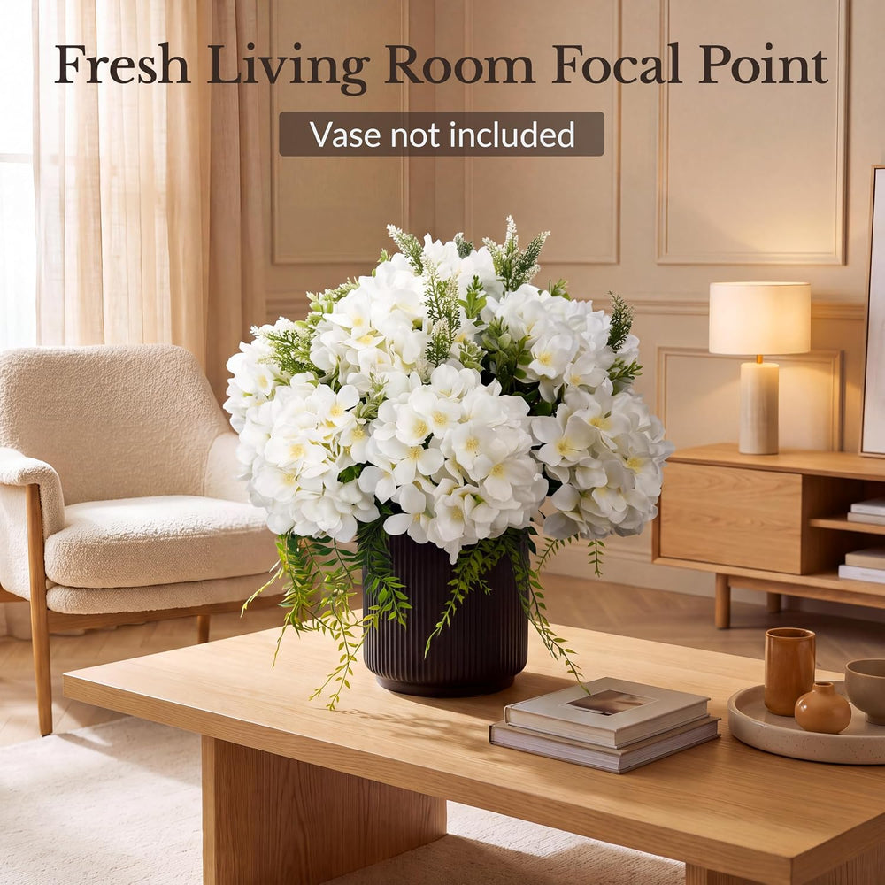 Pre-Arranged White Hydrangea Artificial Flowers with Greenery, UV Resistant