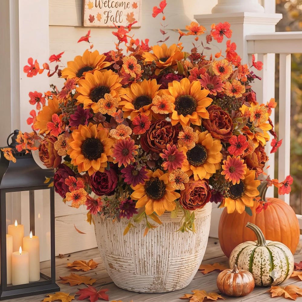Mixed 10 Pcs Fall Artificial Sunflower Peony Bouquet, Yellow Burgundy Silk Fa...