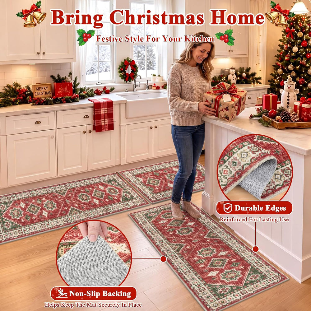 HEBE Christmas Kitchen Rugs Set of 3, Red Washable Kitchen Mats for Floor