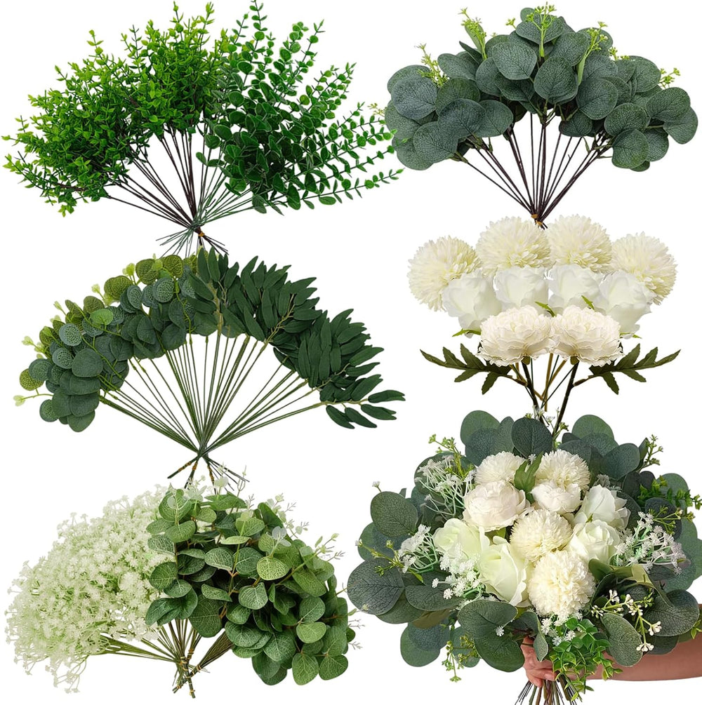 150 Pcs 10 Kinds Artificial Greenery Stems Bulk with Flowers Fake Eucalyptus ...