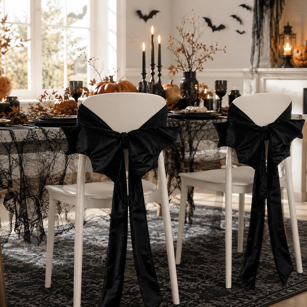 6 Pcs Black Velvet Chair Bow Sashes, 33"L Halloween Chair Bow Cover Decor