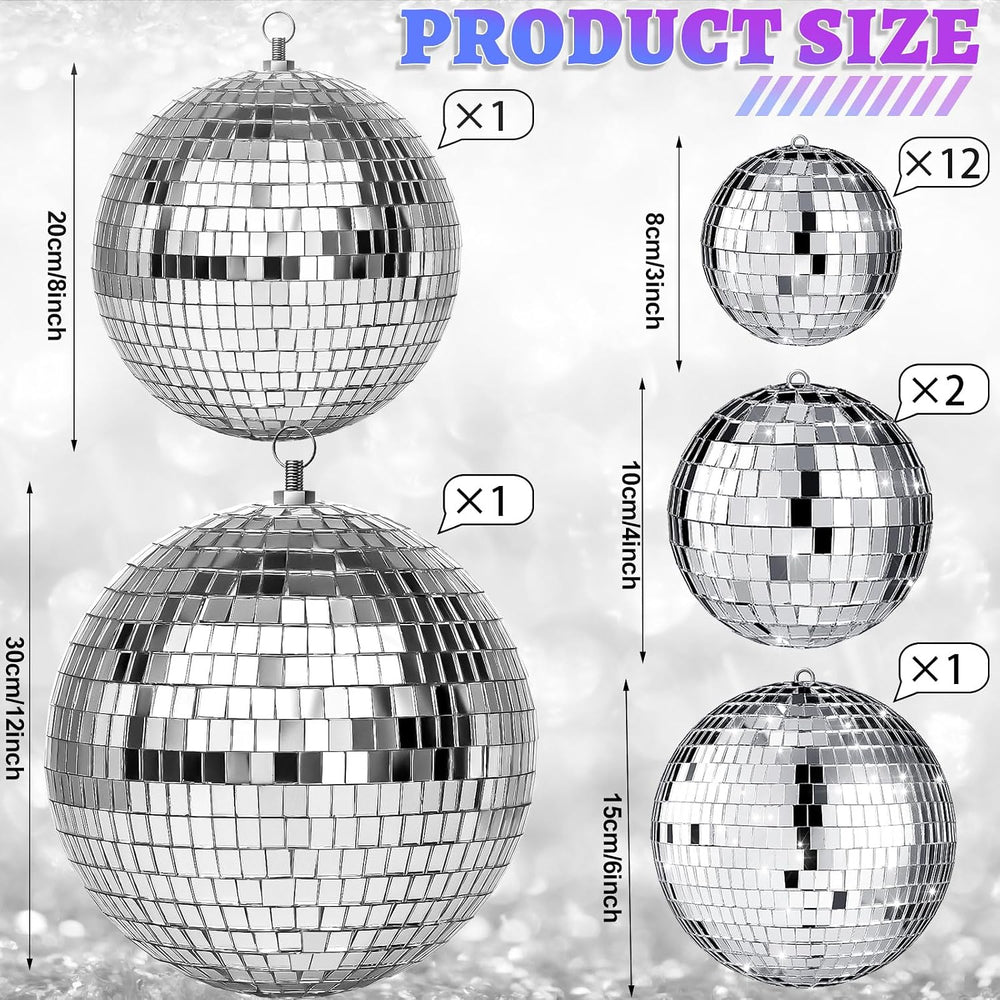WILLBOND 17 Pcs Silver Disco Ball Set, Multi Size, 12, 8, 6, 4, 3.2 Inch