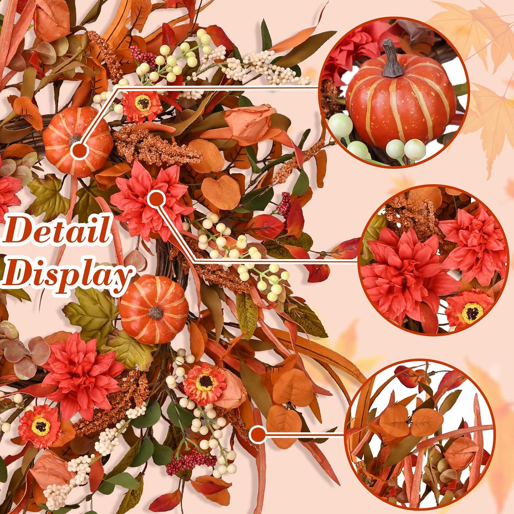 24 Inch Pumpkin Fall Wreath for Front Door with Berry & Mixed Leaves