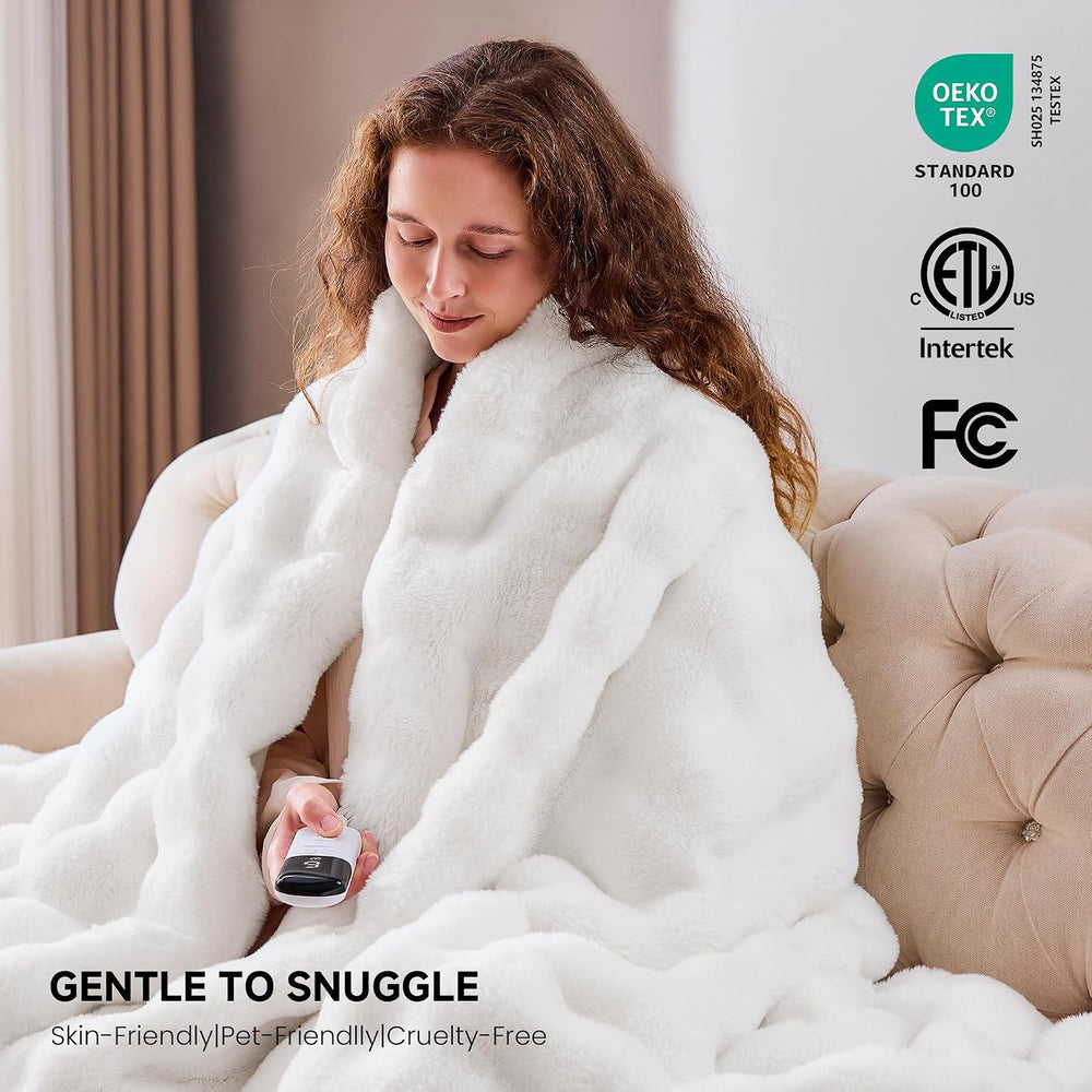 Faux Fur Cozy Heated Blanket Twin Size,White,62"x84"
