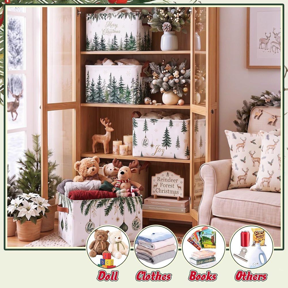 6 Pcs Christmas Tree Storage Bins with Handles, Green Pine Gift Baskets