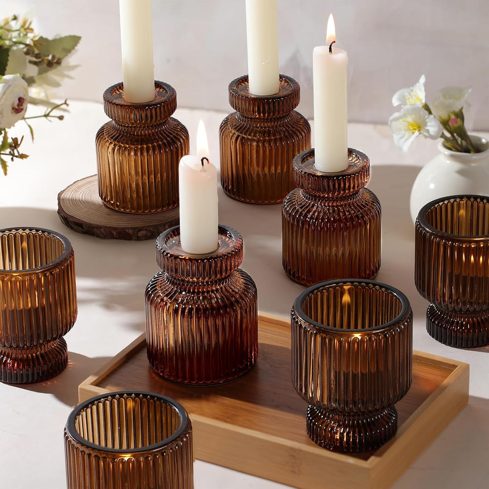 12 Pcs Glass Candlestick Holders- Amber Taper Candlestick Holders Tealight Vo...