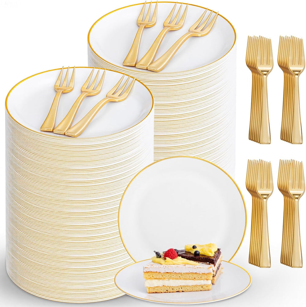 400Pcs Gold Dessert Plates 6.3" with Forks 5"- 200PCS Small Disposa...
