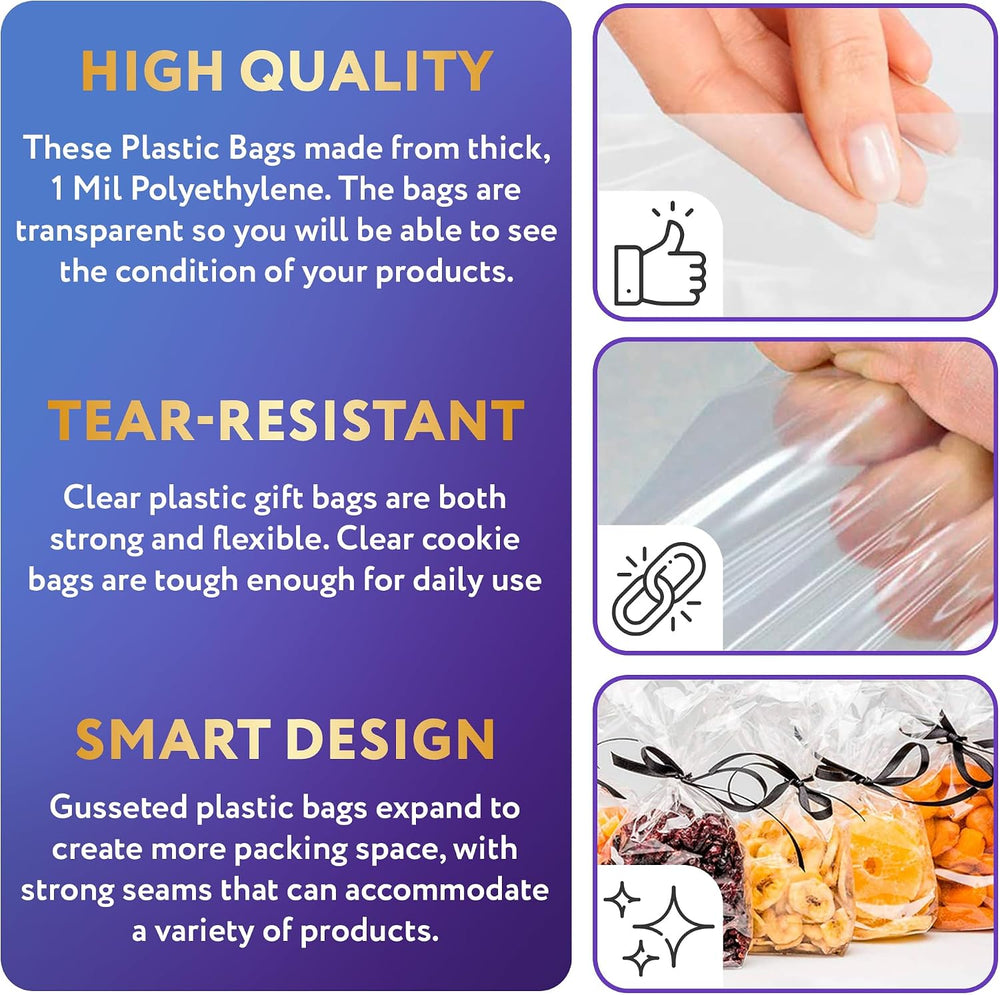 APQ Clear Gusseted Poly Bags, 10 x 6 x 20 Inch, 100 Count