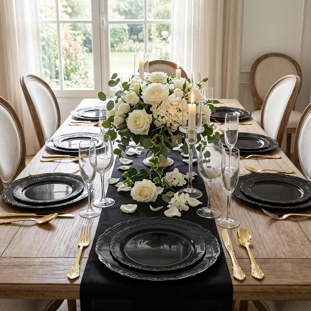 DaYammi 150Pcs Black Plastic Plates & Gold Plastic Silverware Set for Party