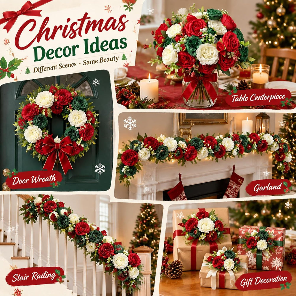 8 Bundles Artificial Peonies Flowers, Red, Green, White