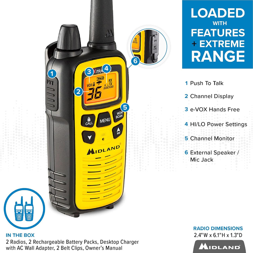 Midland LXT630VP3 FRS License Free Walkie Talkies. Yellow, 2 Pack