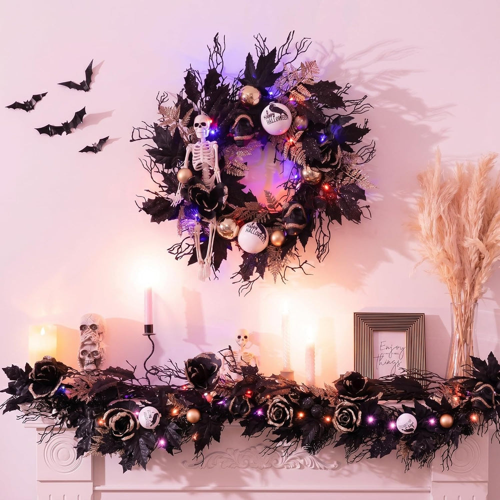 DecorbyHannah 6ft Halloween Garland for Mantle with Lights Black Rose Decor