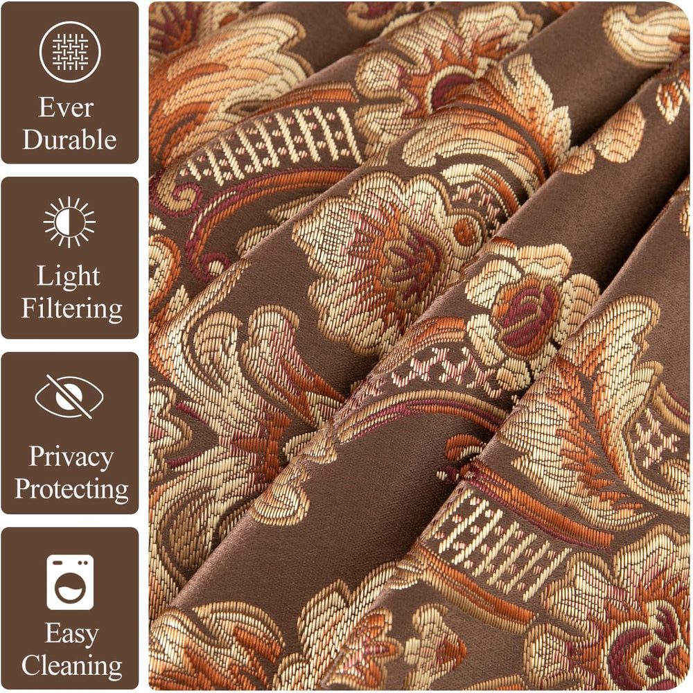 Luxury Waterfall Valance - 79-Inch Extra Wide Swag with Damask Pattern, Coffe...
