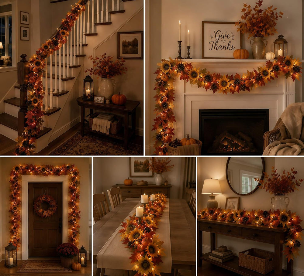 YULETIME 9 ft Pumpkin & Maple Leaf Garland, 50 Fairy Lights Battery Powered