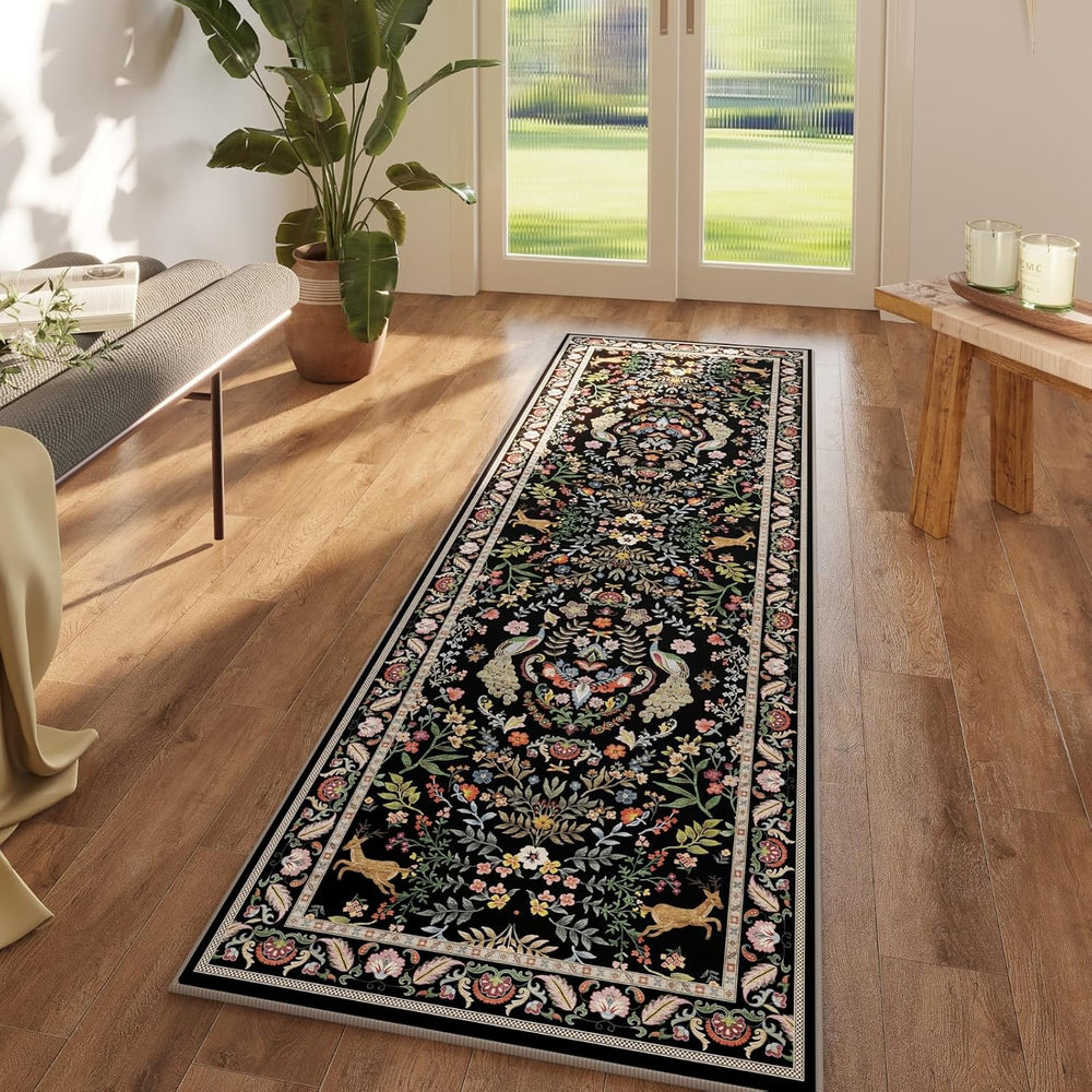 Rugcomf Runner Rug 2x6 Floral Washable Non Slip, Vibrant Black