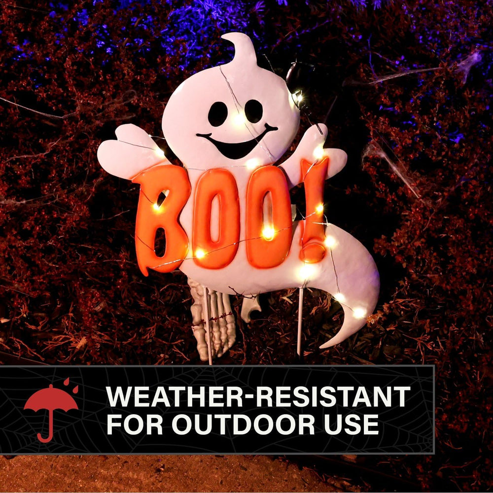 Haunted Hill Farm 2-Ft. White LED Boo Halloween Sign with Friendly Ghosts