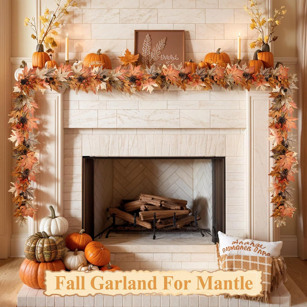 9 FT Lighted Fall Garland with Lights Autumn Automatic ON/Off Timer