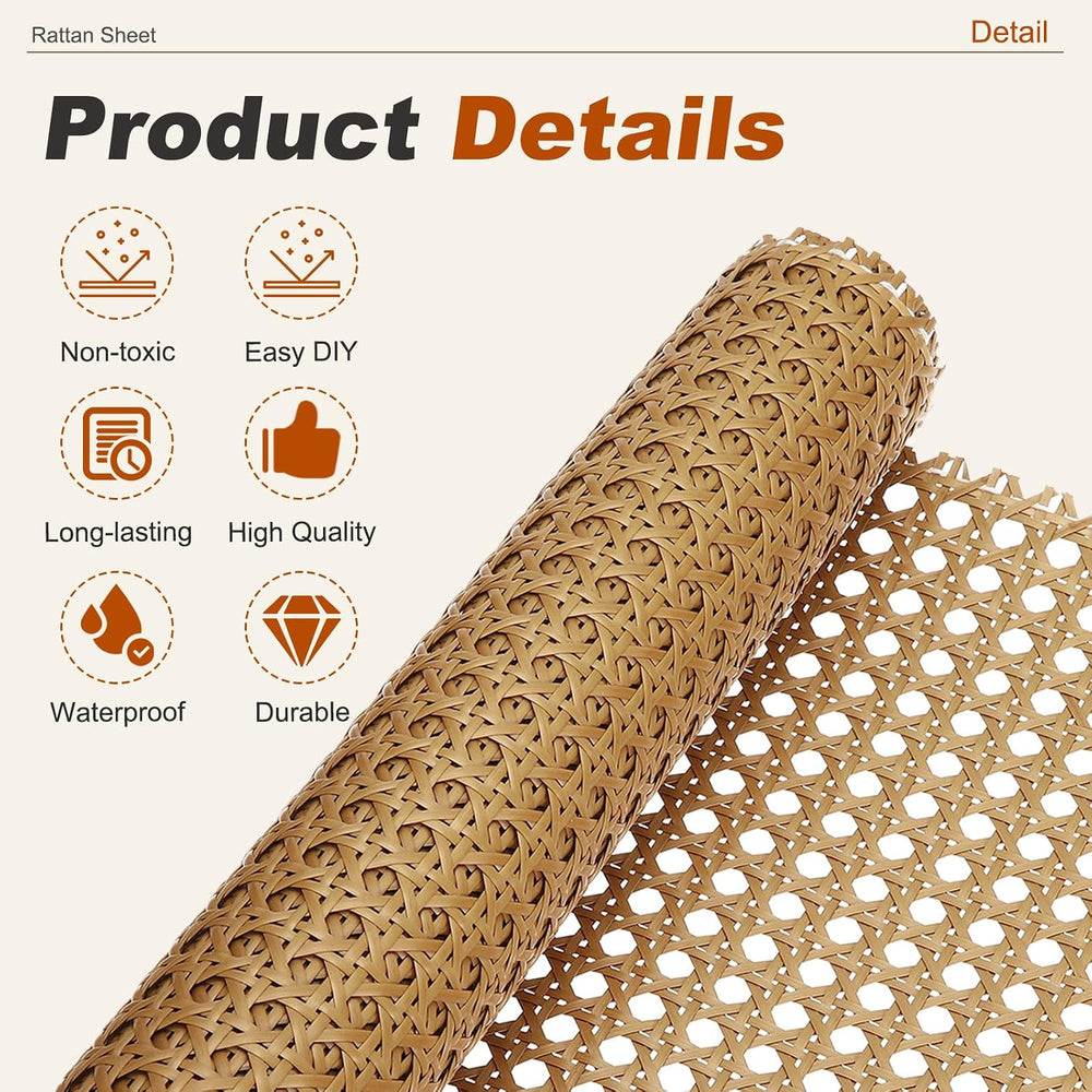 MECCANIXITY 24 Inch x 6.5 ft Plastic Rattan Cane Webbing Roll, Brown