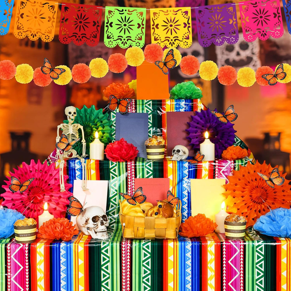 Newwiee 79 Pcs Day of The Dead Altar Decorations Kit,Striped,Colorful