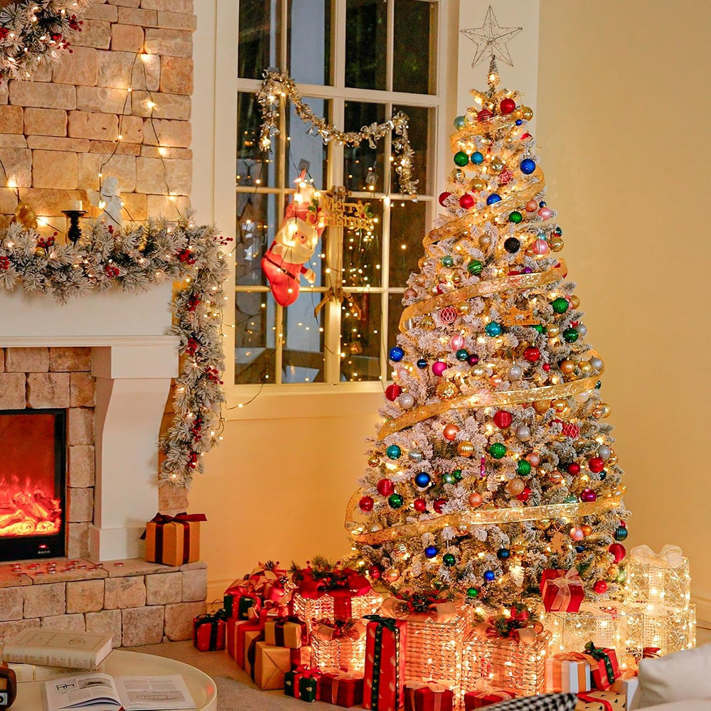 Hykolity 7.5 ft Snow Flocked Christmas Tree, Artificial Christmas Tree wih 45...