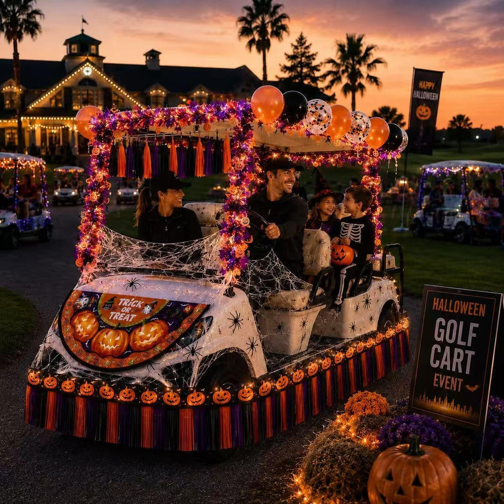 Halloween Golf Cart Decorations with Nightlight Strip Spider Web Bat Tassel