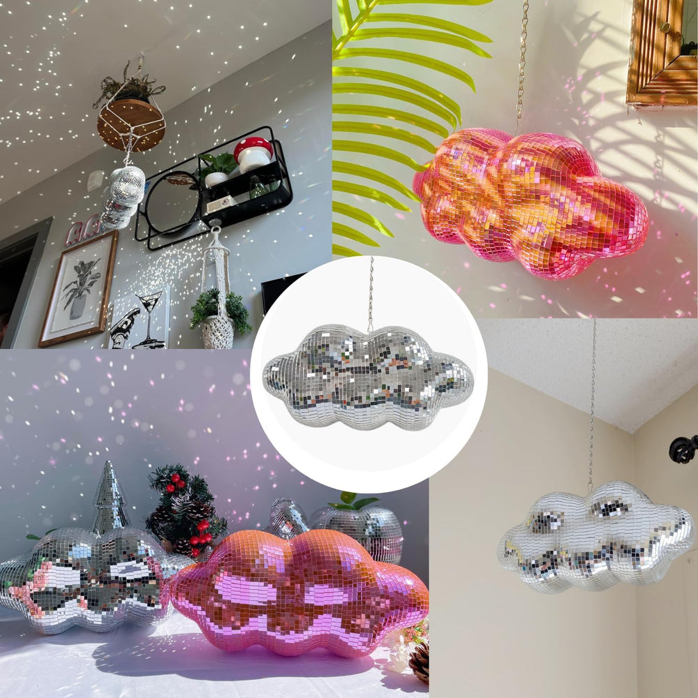 Silver Disco Cloud Ball, 12" Hanging Party Mirror Decor with Chain