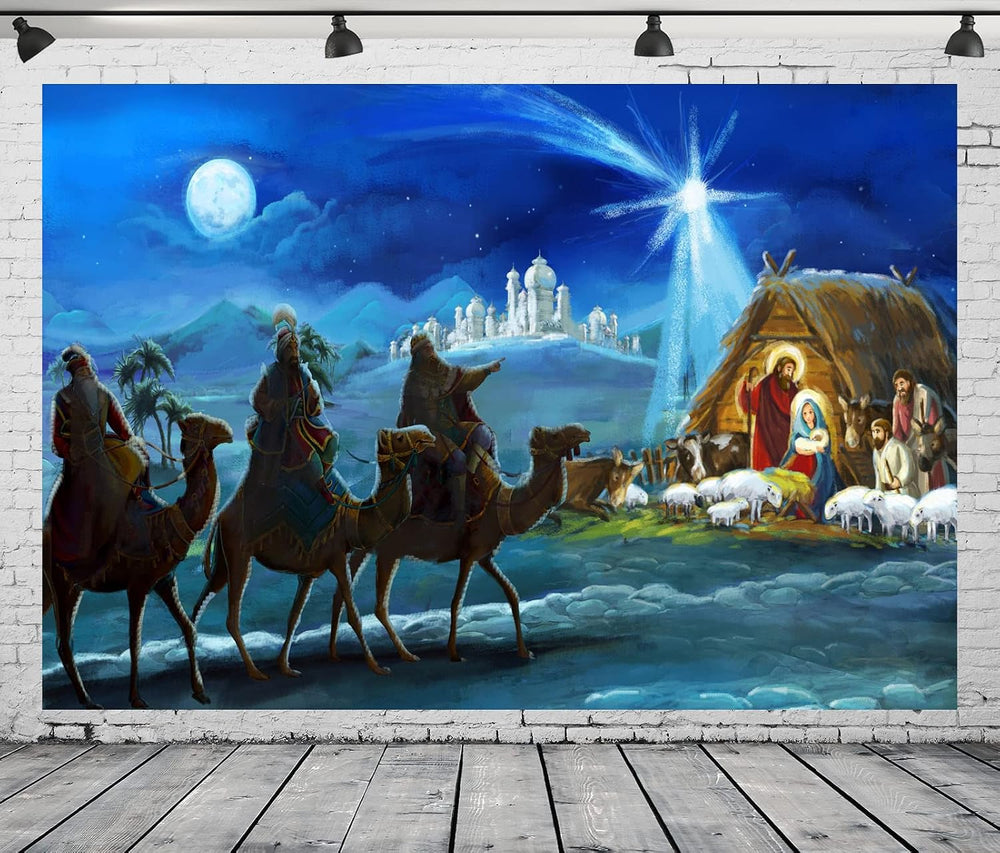 BELECO Fabric 10x8ft Nativity Scene Backdrop Christmas Night Starlight Holy F...
