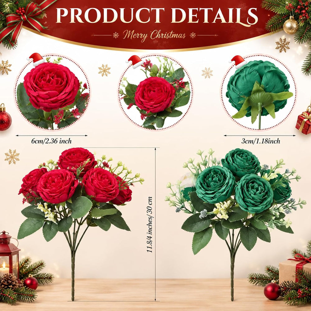 8 Bundles Artificial Peonies Flowers, Red, Green, White