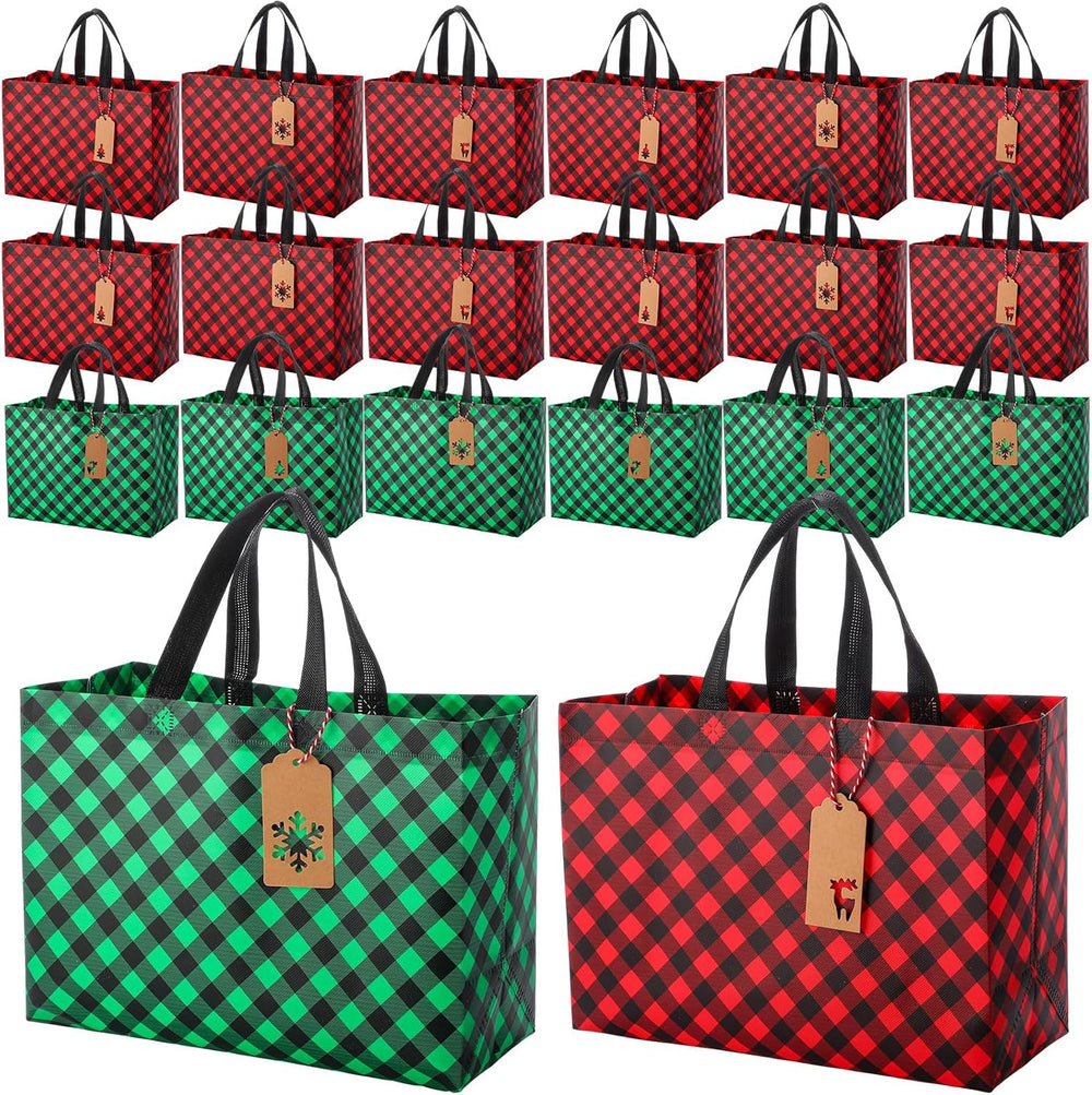 24 Pcs Large Christmas Bags Tags Tote, Diagonal Plaid, Red Green Black