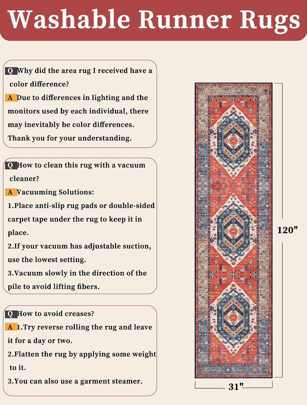 SERISSA 2'6"x10' Washable Non Slip Boho Runner Rug for Hallway,Rust