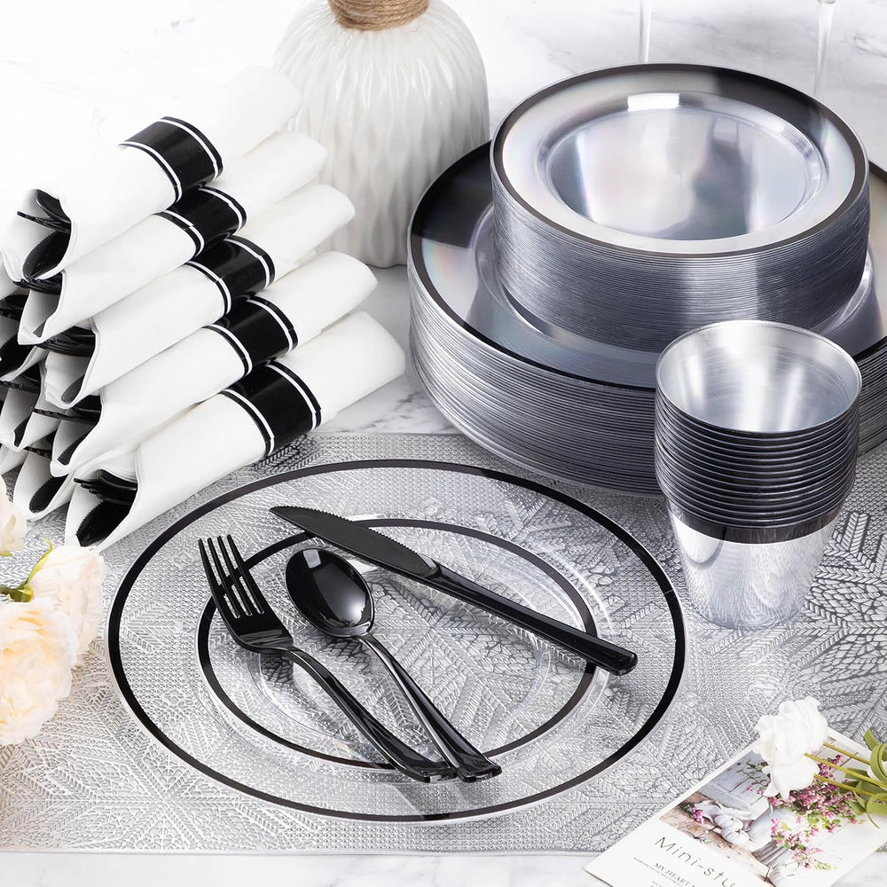 Goodluck 175 Pcs Clear Black Party Plates Cups Napkins Sets for 25 Guests