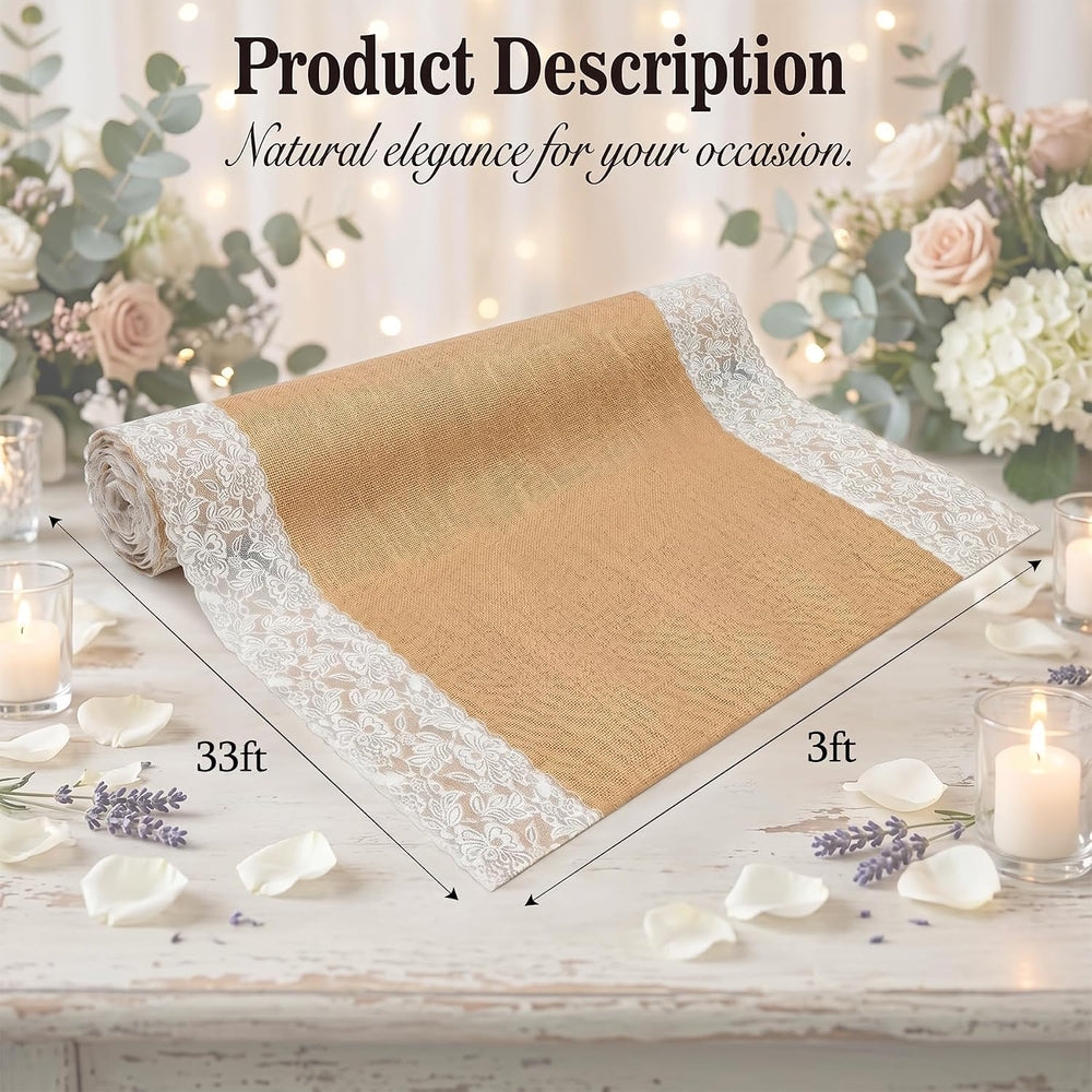 3x33ft Thickened Burlap Wedding Aisle Runner Lace, Natural Jute Runner for Ou...