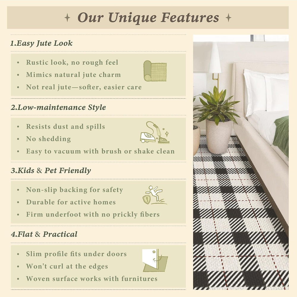 JTJ Easy Jute 2x6 Kitchen Runner Rug, Black and White Plaid, Washable