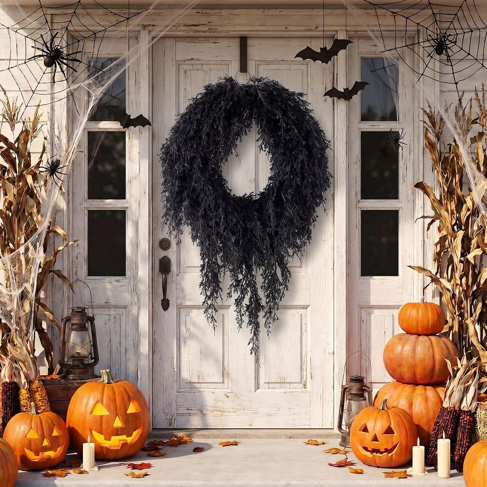 Suncalla 20" Black Halloween Artificial Wreath, Cedar Wreath