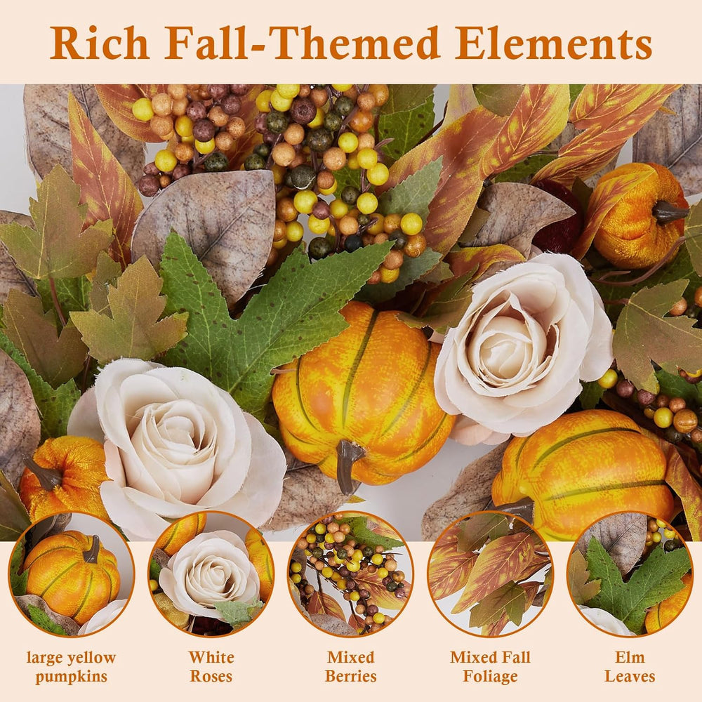 24 Inch Fall Wreaths for Front Door, Autumn Pumpkins Wreaths