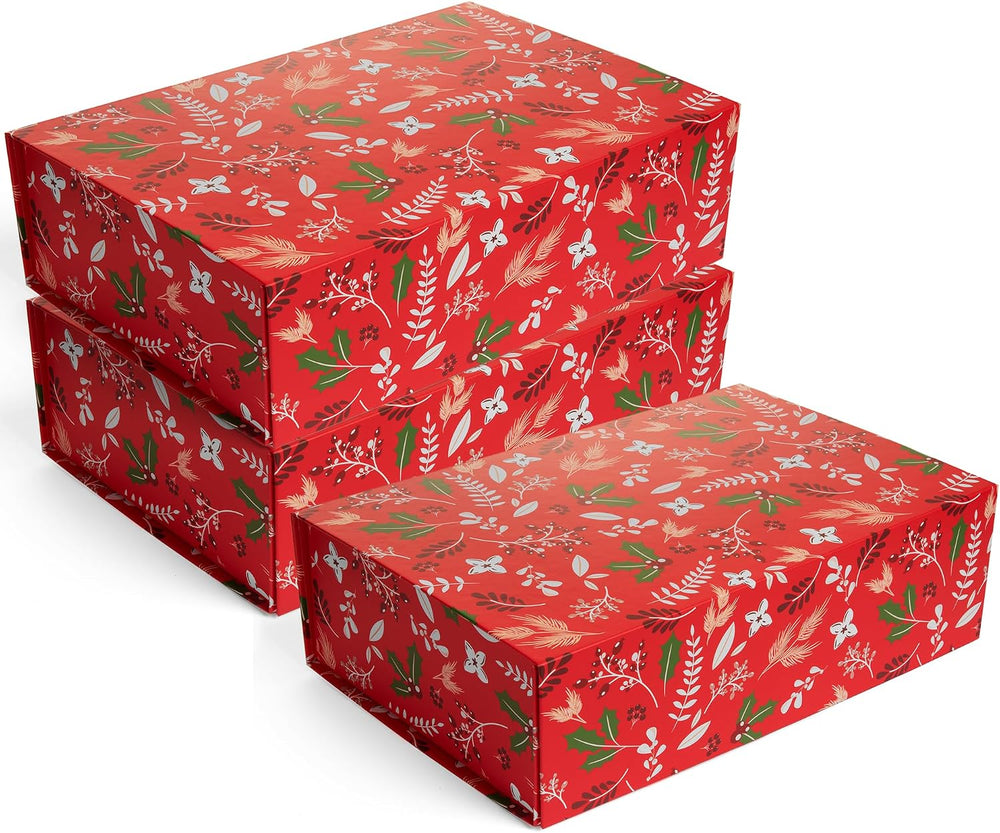 Christmas Gift Box with Magnetic Lid 3-Pack | Red Decorative Gift Boxes for P...