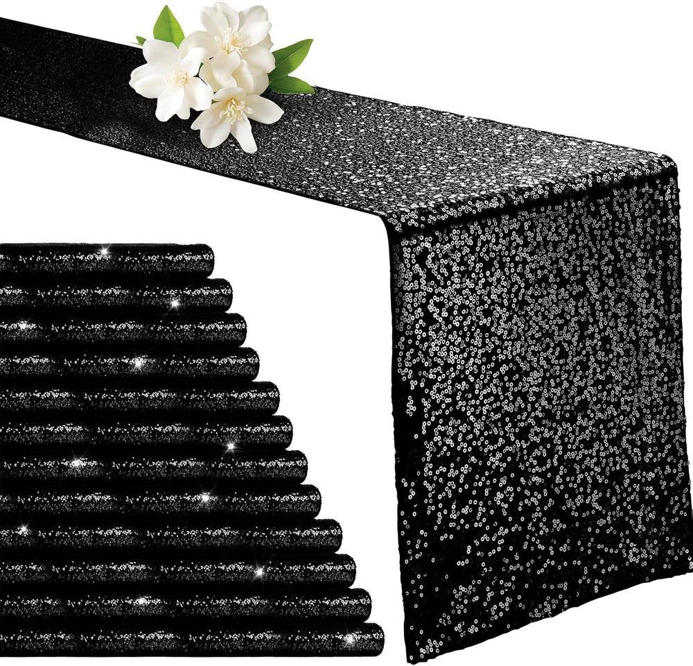 Aormenzy 12 Pack Black Sequin Table Runner 12" x 72"
