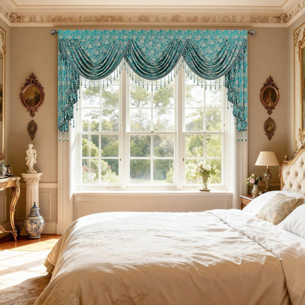 Victorian Damask Jacquard Waterfall Valance, 79 x 43, Teal Blue