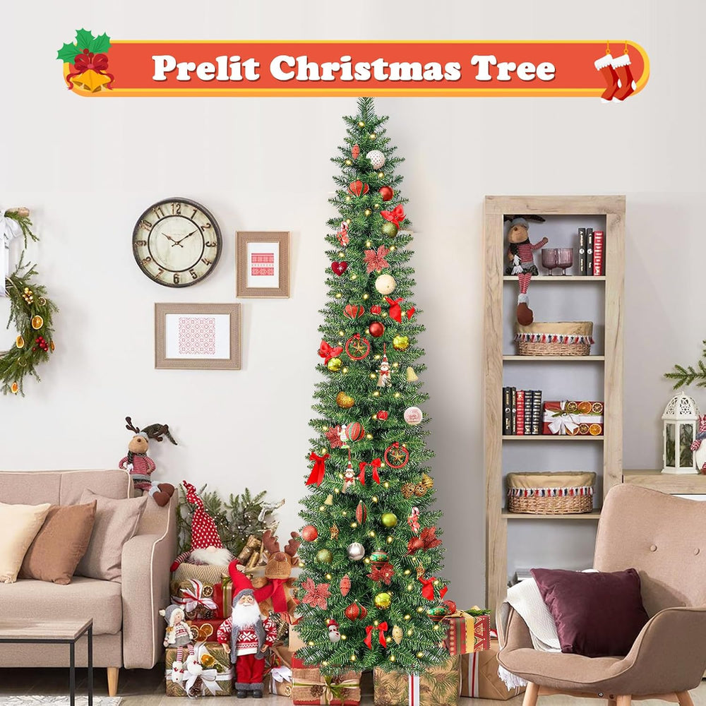Green Pencil Artificial Christmas Tree Pre-Lit with Warm Lights, Slim Xmas Tr...
