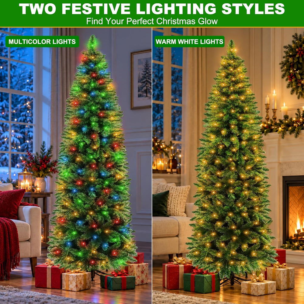 6Ft Prelit Pencil Christmas Tree with 240 Warm White&Colors Changing Lights