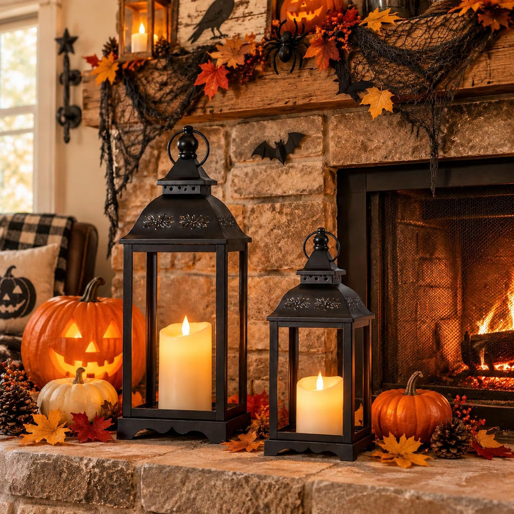 Decorative Metal Lanterns Outdoor Indoor, Set of 2 Black Candle Lanterns