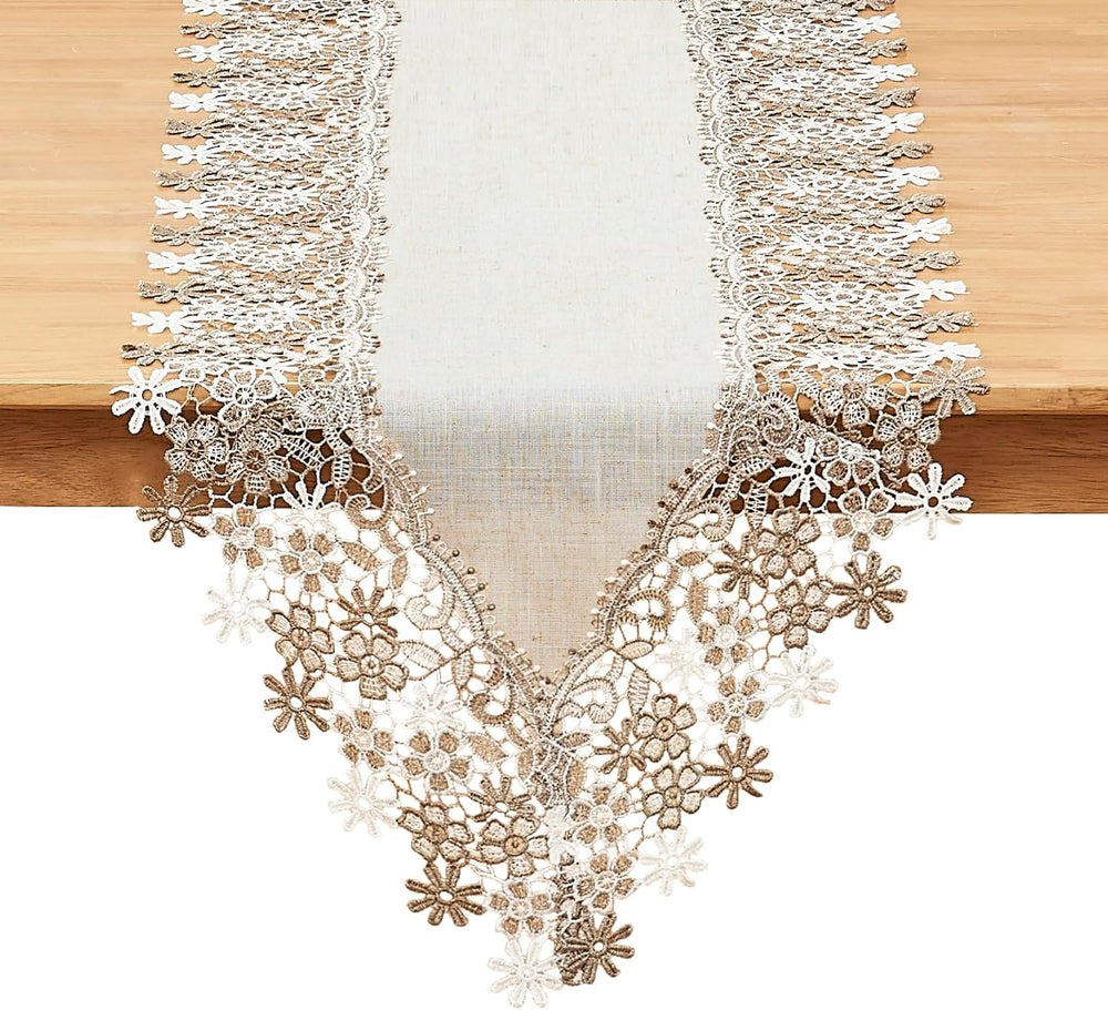 Natural Beige Floral Lace Table Runner Dresser Scarf (16” x120”)
