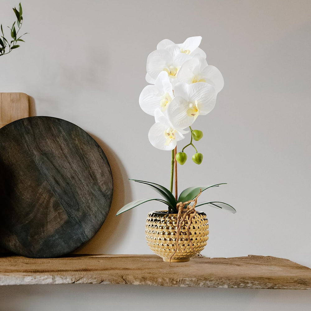 Orchids Artificial Flowers, 15" Faux Orchid in Gold Flower Pot Real Touc...