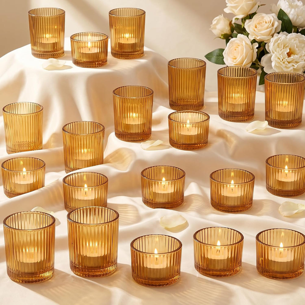 24 Pack Ribbed Amber Glass Votive Candle Holders
