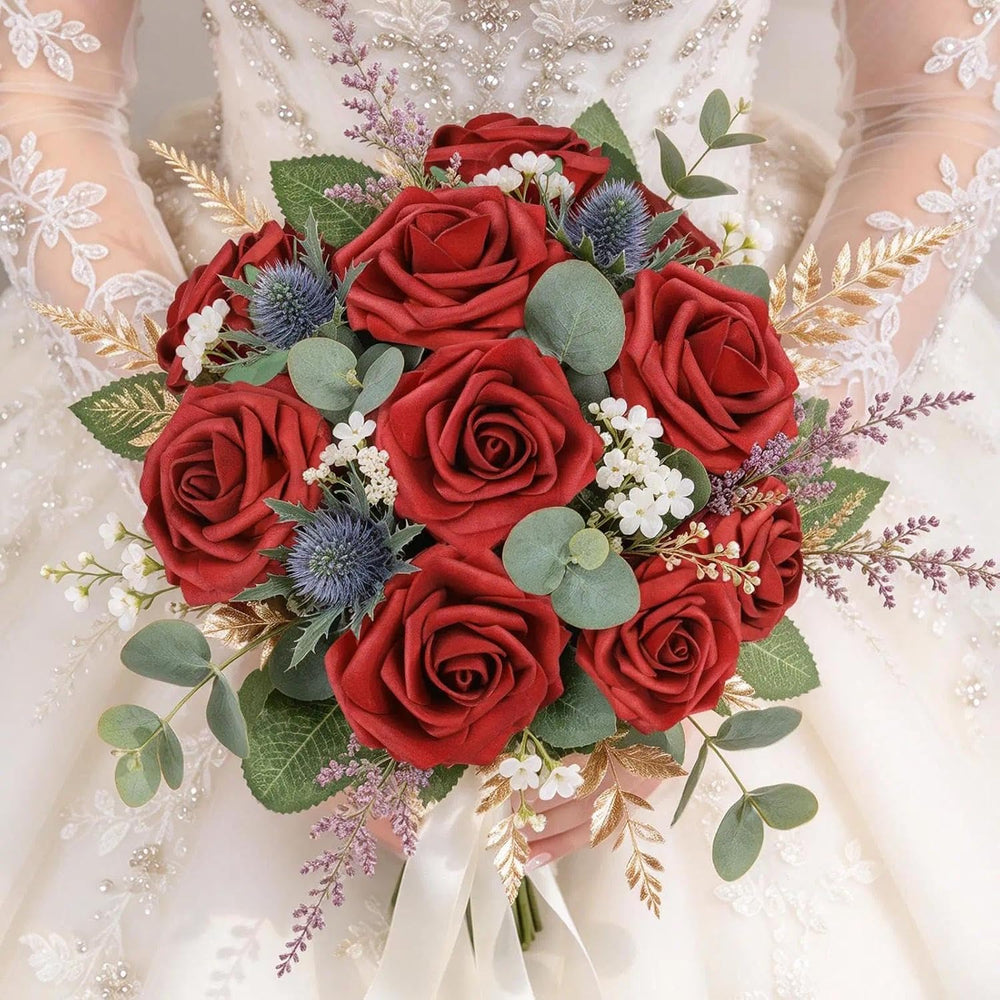 AmyHomie Dark Red Rose 100pcs Real Looking Artificial Flowers w/Stem