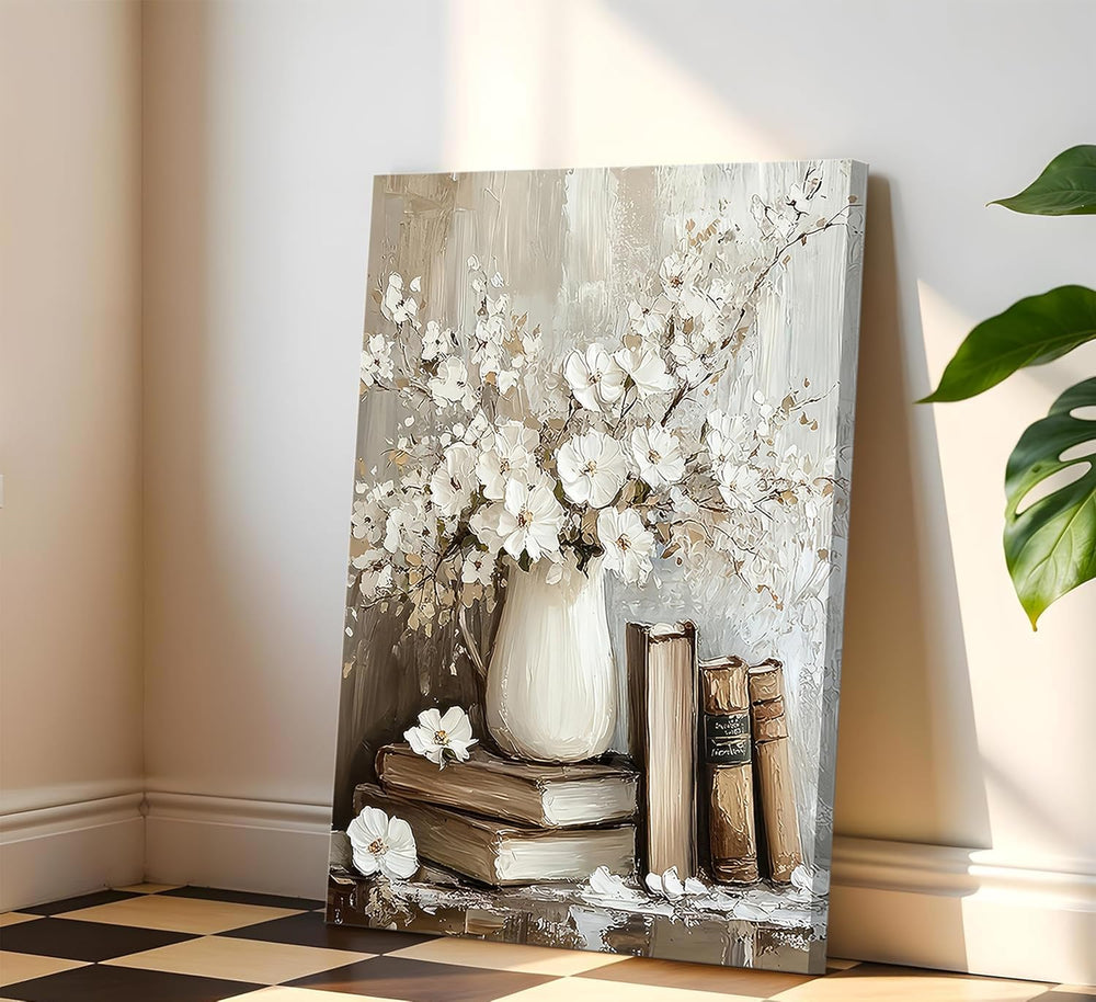 Vintage Books and White Flowers Canvas Wall Art,16x24 Inch