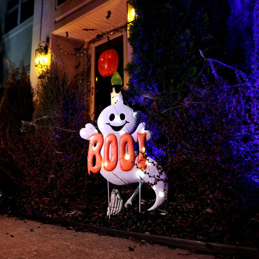 Haunted Hill Farm 2-Ft. White LED Boo Halloween Sign with Friendly Ghosts